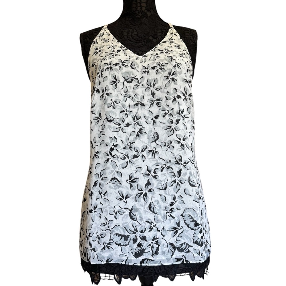 CAbi Terrace Cami Moody Black White Floral Print Sheer Sleeveless Tank Blouse M
